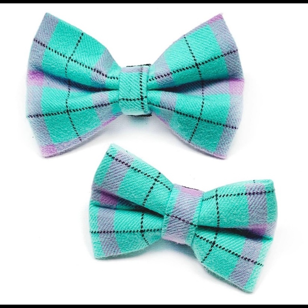 Turquoise Plaid Dog Bow Tie